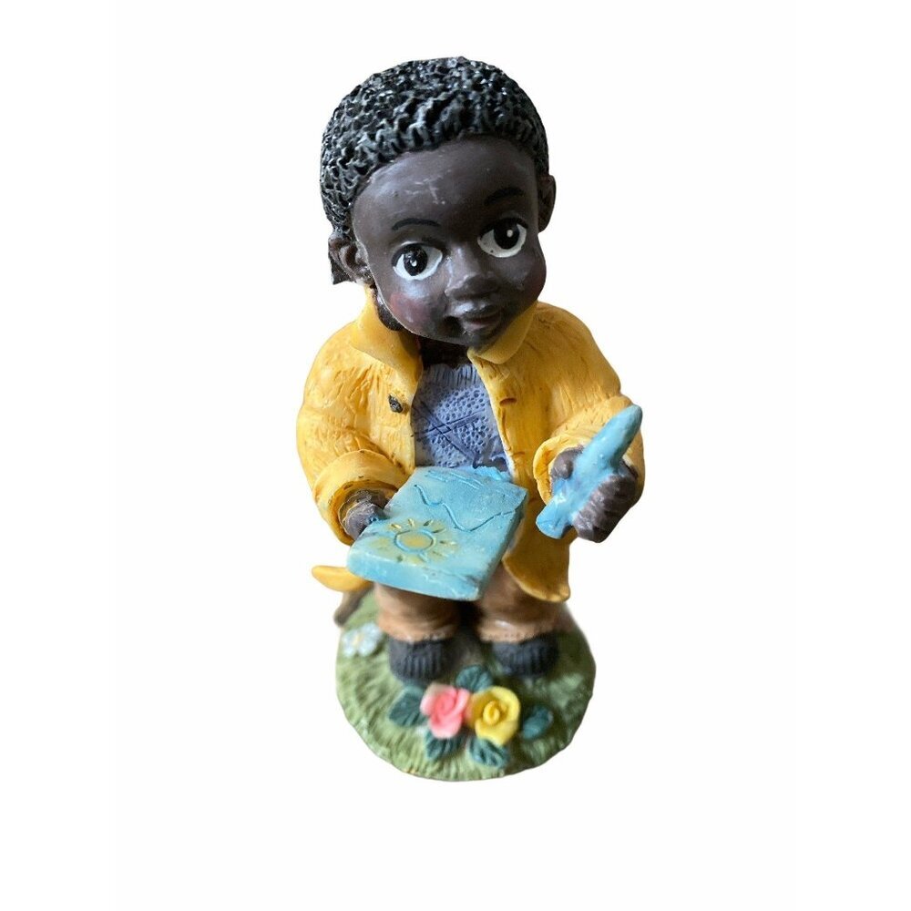 Black African American‎ Boy Figurine Holding Book & Writing Tablet 4" Tall